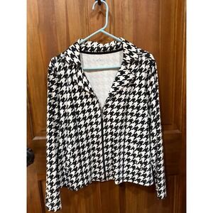 Kim Rogers Womens Houndstooth Zip Up Jacket‎ L Black White Cotton Blend Casual